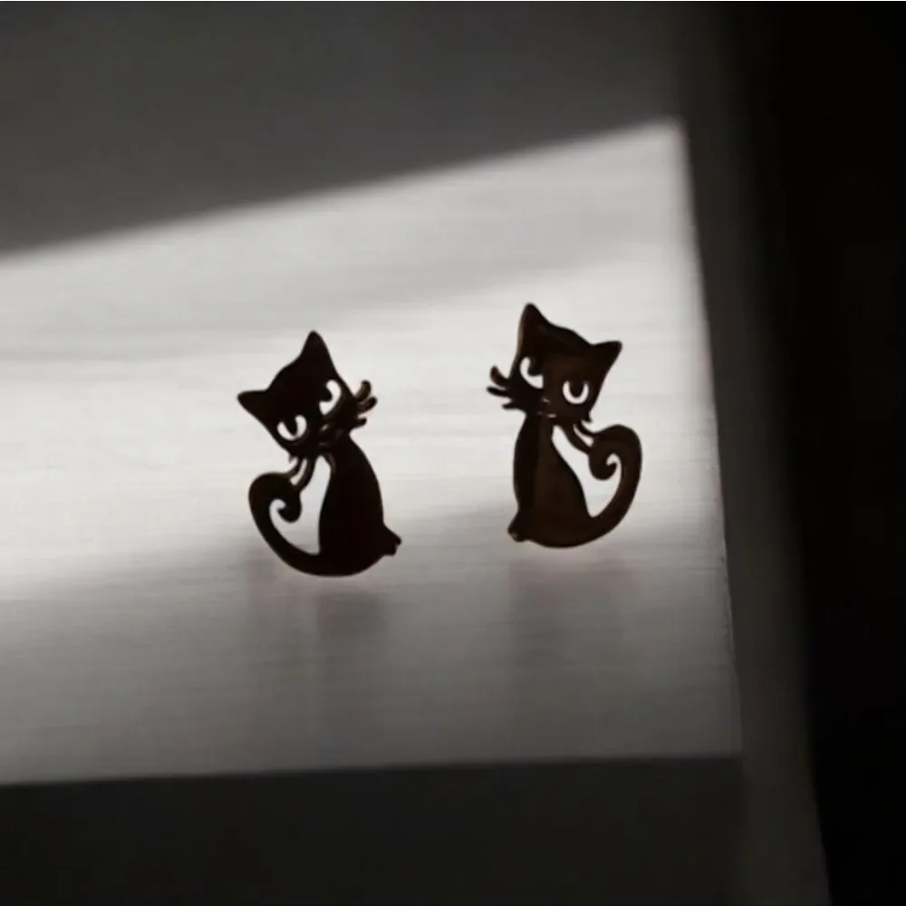 Black Cat Stud Earrings Stainless Steel Tiny Kitty Silhouette Gothic Halloween